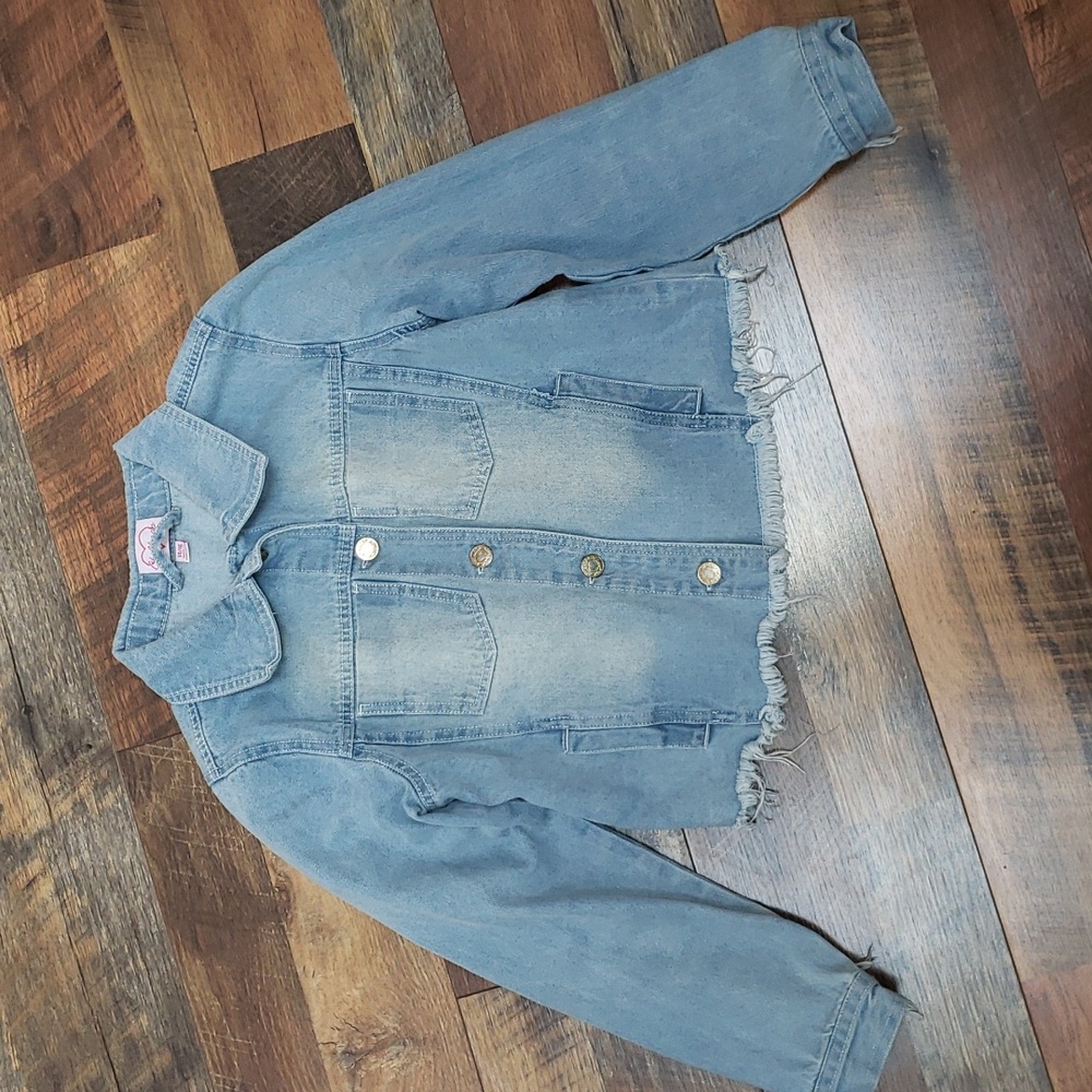 Chillipop Light Wash Denim Jacket with Fringe and Frayed Hem, Size 14/16
